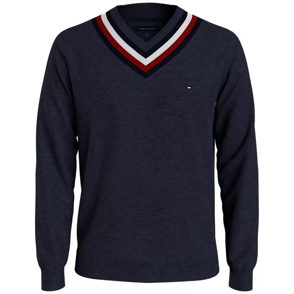 TOMMY HILFIGER Men's Signature Stripe Tipped Cricket V-Neck Sweater Navy Size XL